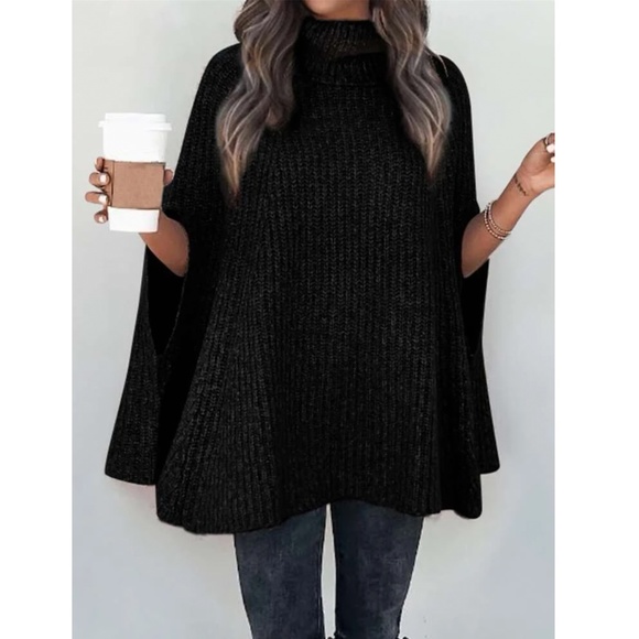 Black Knit Turtleneck Poncho Cloak Sleeveless Sweater - Picture 6 of 15